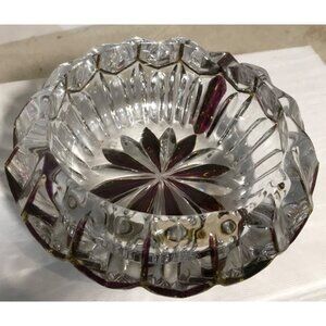 Vintage Crystal & Purple Glass Ashtray With Starburst Design  5 x 2”
